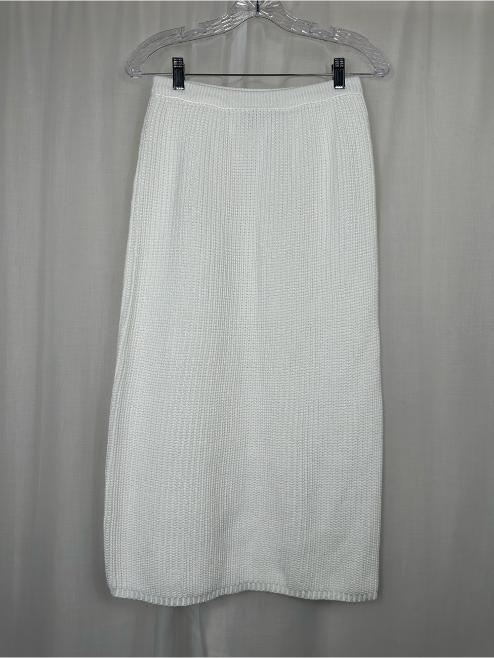 Vintage Knit deVille White Cotton Ribbed Knit Midi Skirt Size M Fits Small